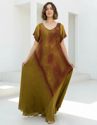 Vestido Largo Seda Hindú Modelo Amplio Xxxl C/bolsillos Marrón Estampado Único
