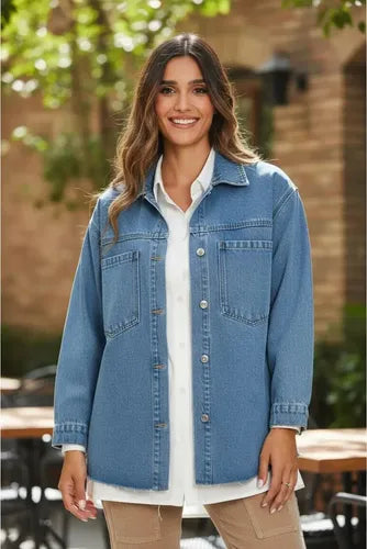Campera De Jean Bordada Modelo Amplio Azul Único Liso