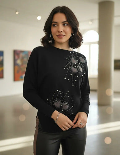 Sweater  Importado Corazones Strass Cod. 295 Negro Único
