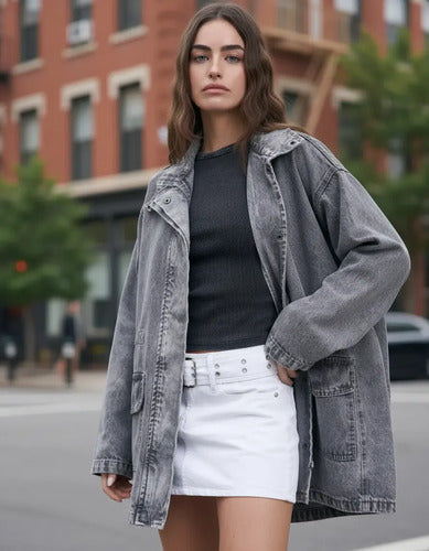 Saco Largo Jean Campera Camisaco Oversize Denim Talle Grande Gris 38 Liso
