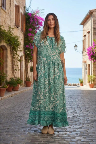 Vestido De Seda Hindú Amplio Mod. 08 Verde Estampado Único