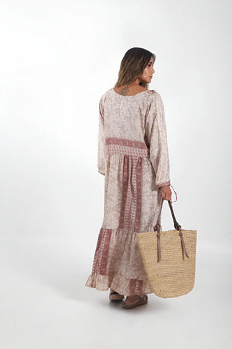 Vestido De Seda Hindú Largo Modelo Amplio Mod. 28 Rosa Claro Estampado Único