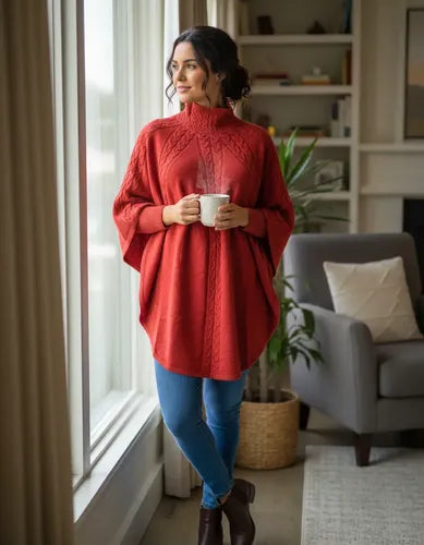 Poncho  Sweater Tejido Grueso Grande Importado Terracota Liso Único