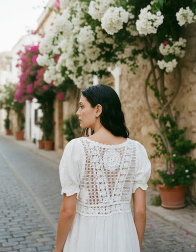 Vestido  Importado Crochet Bordado Boho Blanco Bordado S