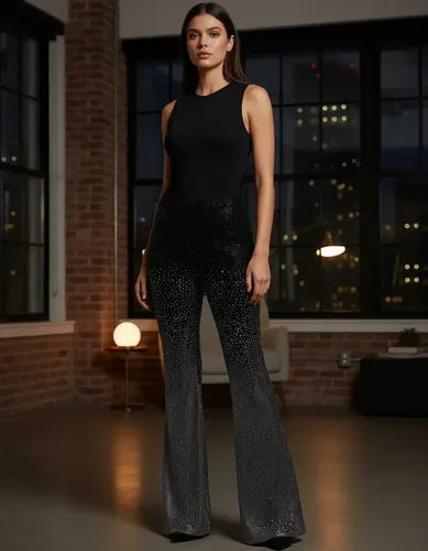Pantalón De Noche Fiesta Oxford Elastizado Con Hotfix Negro Hotfix S