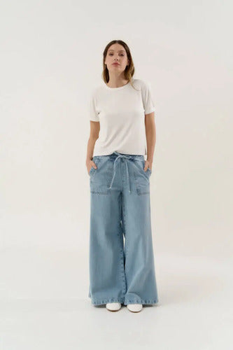 Pantalón De Jean Palazzo Celeste Liso Xl