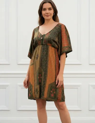 Vestido Corto De Seda Hindú Rosa Estampado Único