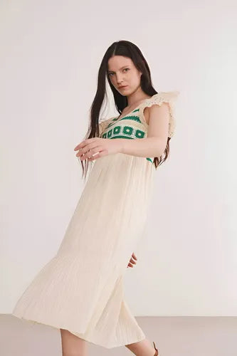 Vestido Importado Crochet  Boho Broderie Beige L