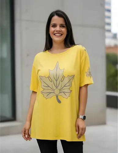 Remera  Modal Importada Talle Grande Strass Amarillo Hoja 5xl Lisa