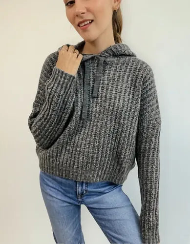 Sweater Tejido Con Capucha Corto Oversize Gris Oscuro Único