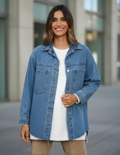 Campera De Jean Bordada Modelo Amplio Azul Único Liso