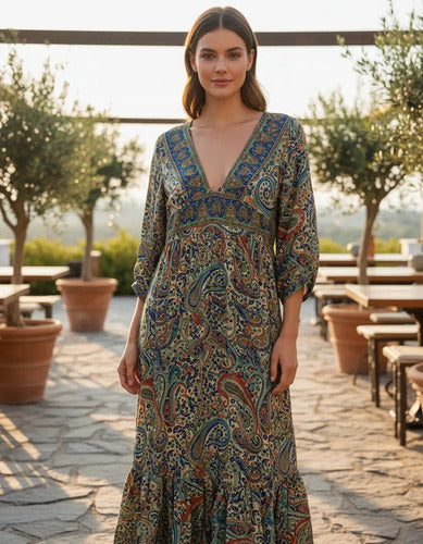 Vestido Largo De Seda Hindú Mangas 3/4 Multicolor Estampado Único