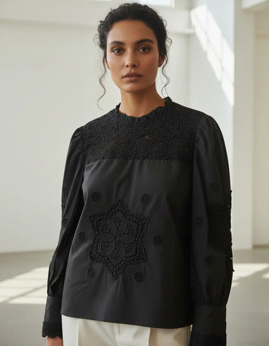 Blusa Camisa Guipur Calada Broderie