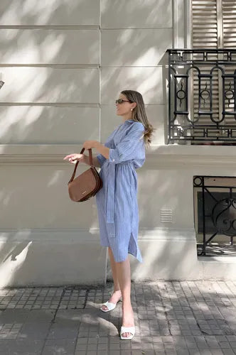 Vestido Camisero Rayado De Lino