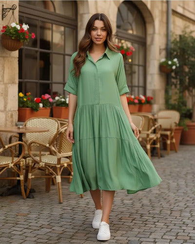 Vestido Camisero De Simil Seda Verde Lisa Único