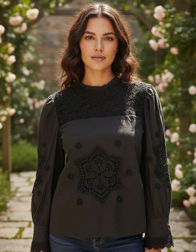 Blusa Camisa Guipur Calada Broderie