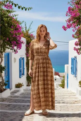 Vestido Largo De India Estampado Boho Marrón Estampado Xl