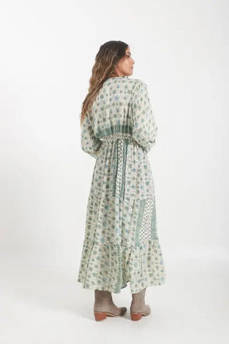 Vestido Largo De Seda Hindú Mod. 3 Crema Con Verde Estampado Único
