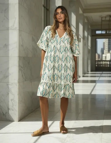 Vestido De Seda Hindú Corto Amplio Mod. 49 Crema Estampado Único