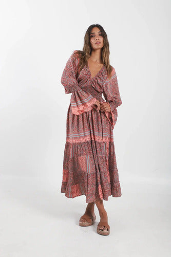 Vestido De Seda Hindú Mod. 63 Coral Oscuro Estampado Único