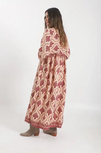 Vestido De Seda Hindú Largo Mod. 31 Rosa Estampado Único