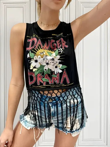 Remera Musculosa Top Flecos Negro Danger Drama Unico Estampado