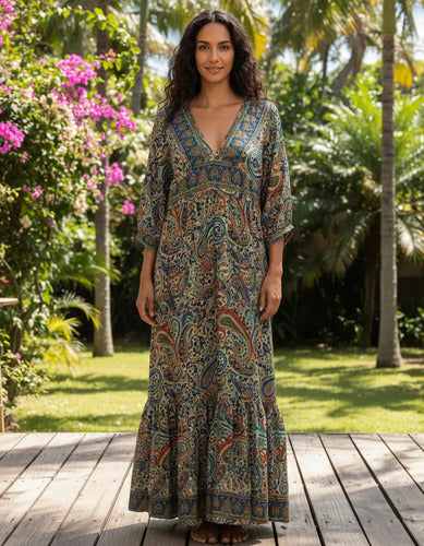 Vestido Largo De Seda Hindú Mangas 3/4 Multicolor Estampado Único
