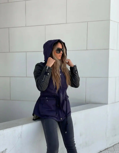 Campera De Gabardina Y Ecocuero + Chaleco Desmontable Azul Oscuro M Lisa
