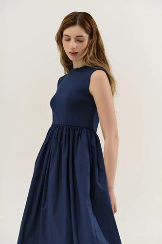Vestido Largo Sin Mangas Combinado Con Ribb Y Poplin