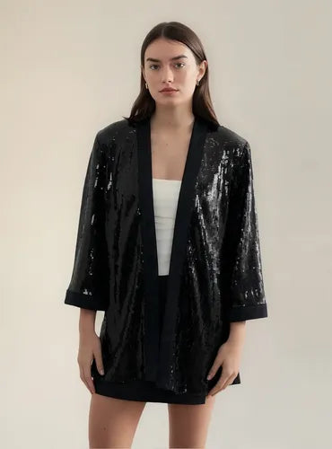 Saco Kimono De Lentejuelas Noche Fiesta Negro 40