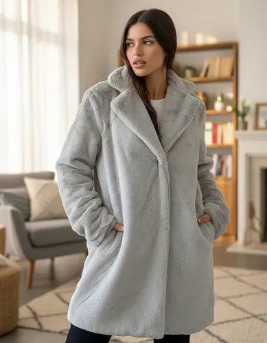 Saco Tapado  De Piel Sintética Importado Extra Suave Amplio Gris Claro S Pelo Corto