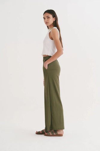 Pantalón Palazzo  De Piqué Verde Musgo Liso Único