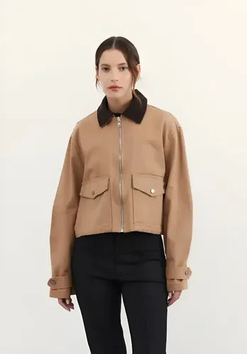 Campera De Gabardina Y Corderoy Oversize Marrón Claro 40 Liso