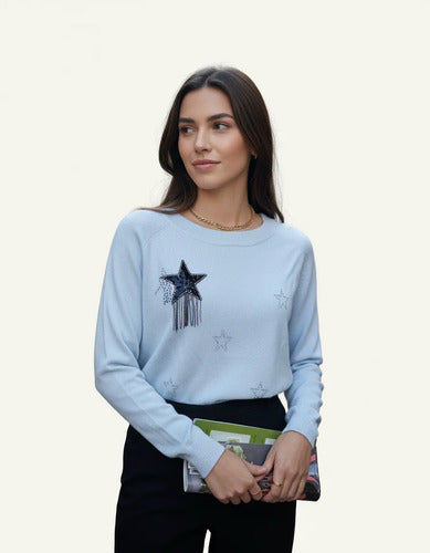 Sweater Importado Estrellas Paillettes Celeste Estrellas Único