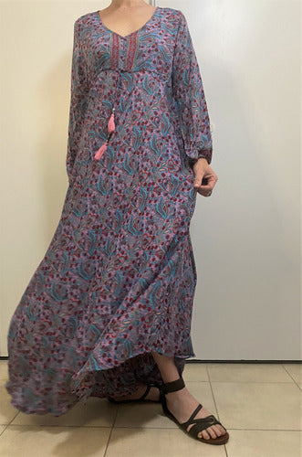 Vestido Boho Largo Manga Larga Seda Hindú Fiesta Verde Estampado Único
