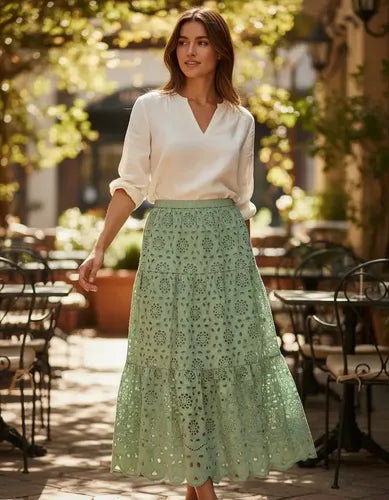 Pollera De Broderie Larga Verde Agua Liso Xl