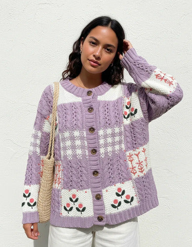 Saco Cárdigan Tejido Amplio Bordado Folk Boho