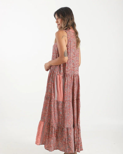 Vestido De Seda Hindú Largo Sin Mangas Mod. 9 Coral Estampado Único