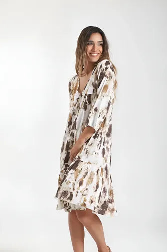 Vestido Manga Larga De India Estampado Modelo Amplio Blanco Con Marrón Manga Corta Estampado M