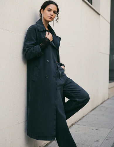 Trench Jean Tapado Denim Largo Sobretodo