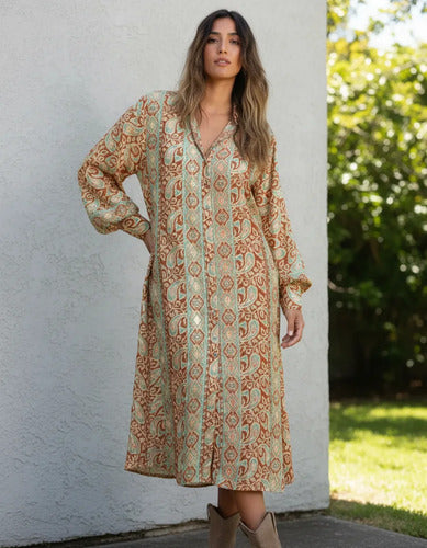 Vestido Camisero De Seda Hindú Con Dorado Modelo Amplio Marrón Estampado Único