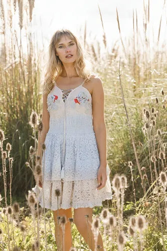 Vestido Bordado Boho  Importado Beige Con Celeste Bordado S