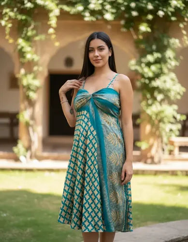 Vestido Solero Fiesta India Largo Medio Verde 1 Estampado Único