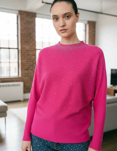 Sweater Importado Con Hotfix Fucsia Liso Único