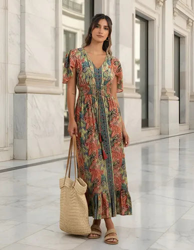 Vestido De Seda Hindú Mod. 6 Multicolor Estampado Único