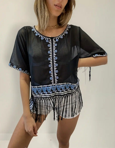 Blusa Top De Gasa Con Flecos Bordada Negro Único