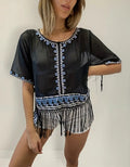 Blusa Top De Gasa Con Flecos Bordada Negro Único