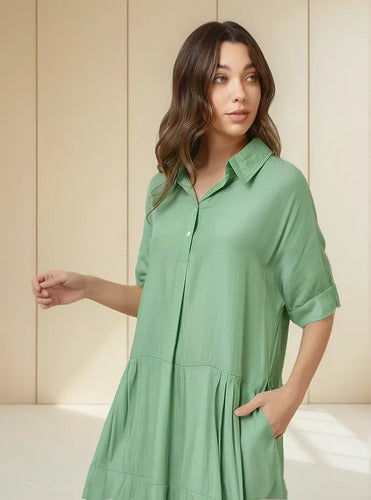 Vestido Camisero De Simil Seda Verde Lisa Único