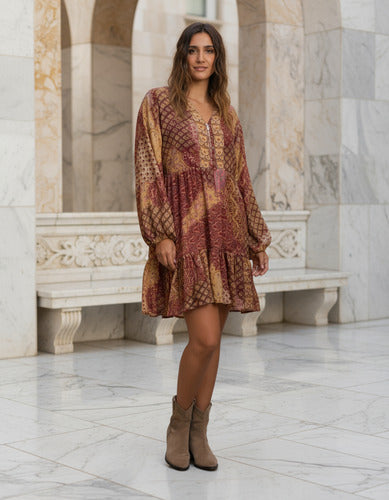 Vestido De Seda Hindú Corto Amplio Mod. 101 Rosa Estampado Único