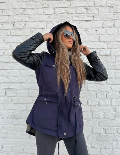 Campera De Gabardina Y Ecocuero + Chaleco Desmontable Azul Oscuro M Lisa